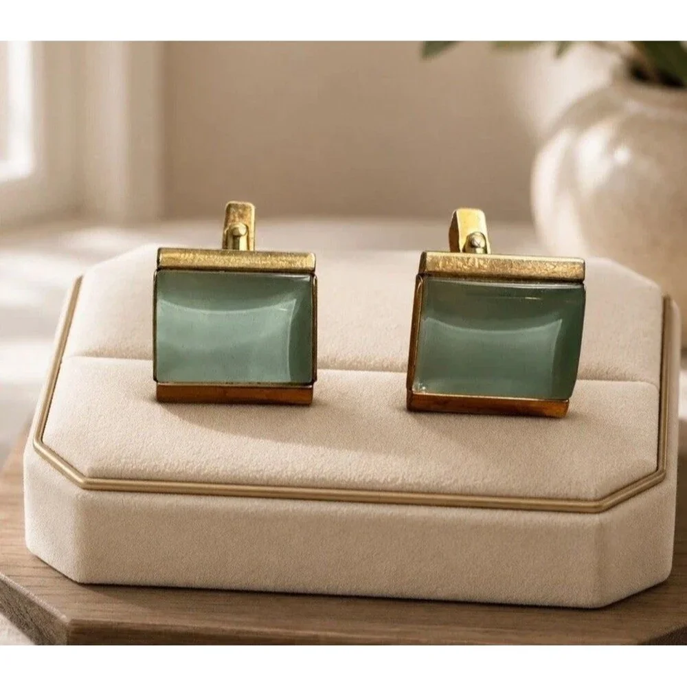 Vintage Swank Gold Tone Pale Green Glass Cabochon Square Cufflinks Mid Century